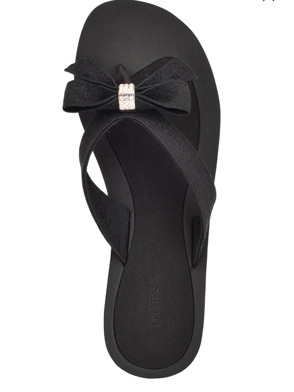 GUESS Tutu Black Bow Thong Sandals with Crystal Accent